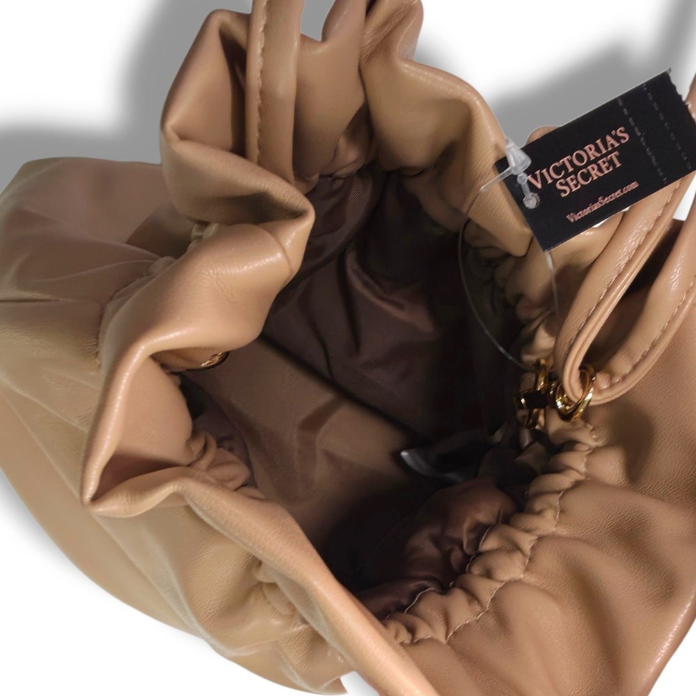 Victorias Secret Mini Bucket Bag Ruched Faux Leather Beige Crossbody NWT - Picture 6 of 10